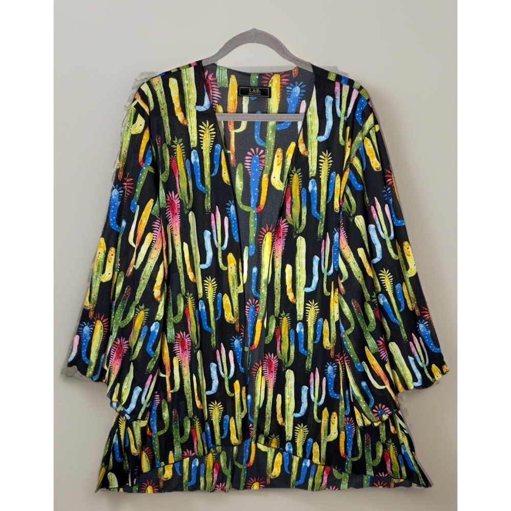 Lucky And Blessed L & B Colorful Cactus Print Sheer Maxi Duster Kimono Size 2X - Picture 2 of 8